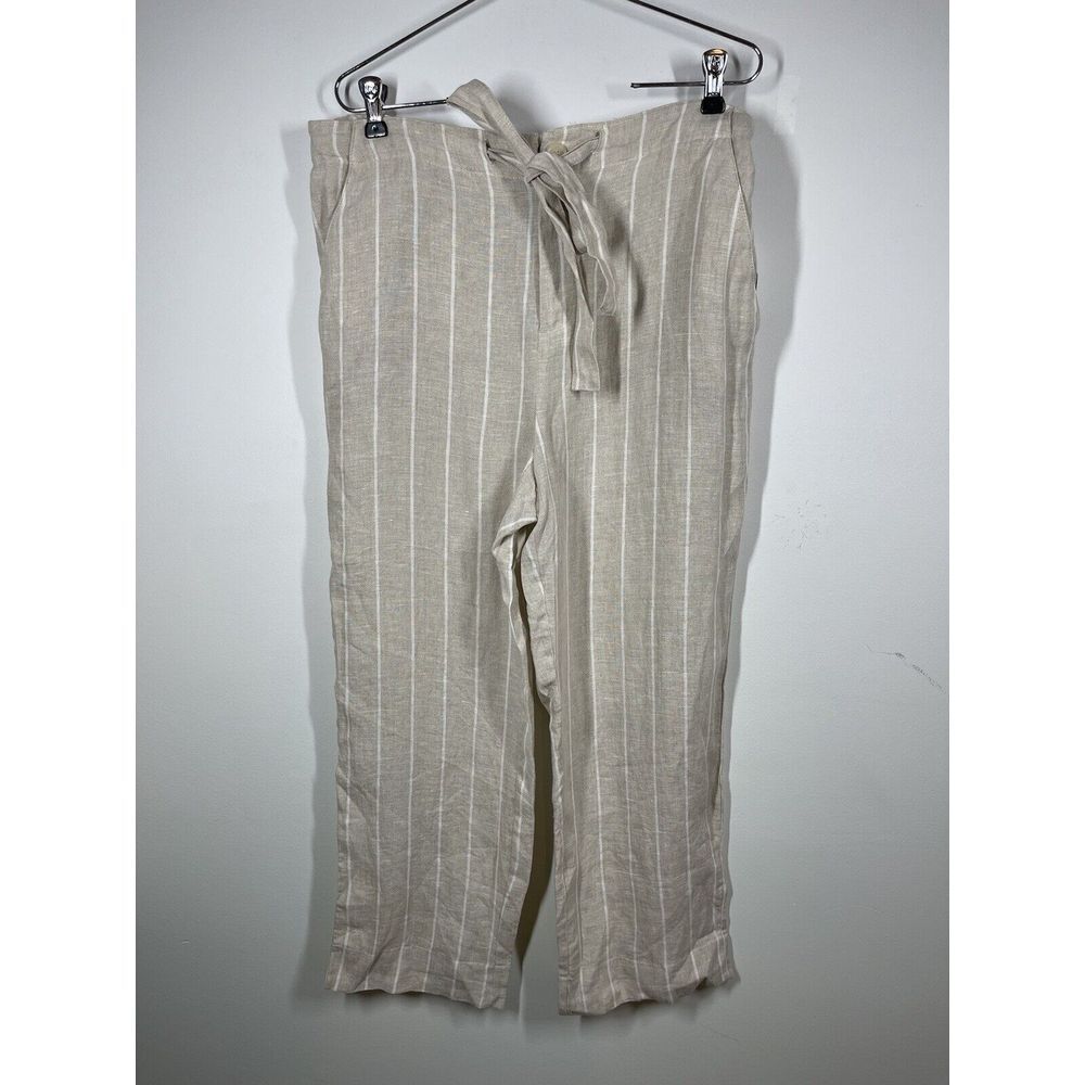 Sanctuary Women's 100% Tan Linen‎ White Striped Pants Tie Waist Pockets Size 29